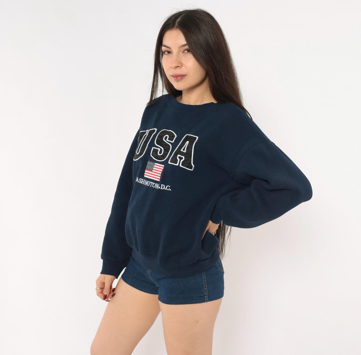90s USA Washington DC Embroidered Navy Crewneck Sweatshirt American Flag Medium