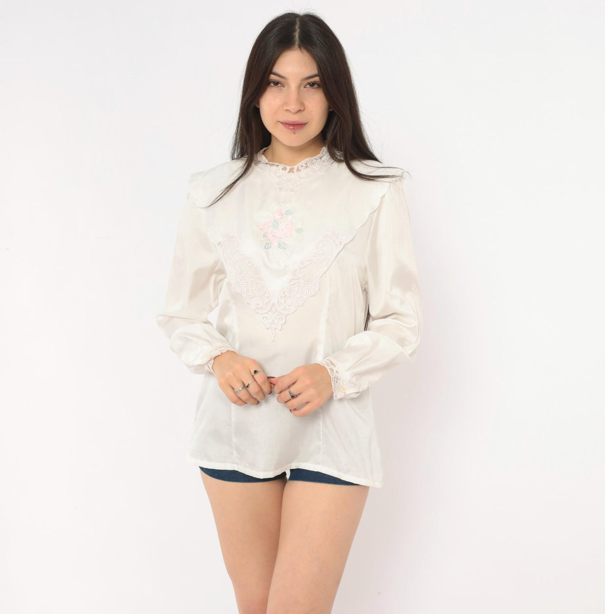 80s Nicola Embroidered Floral Lace Blouse High Neck Puff Sleeve Ivory Medium M