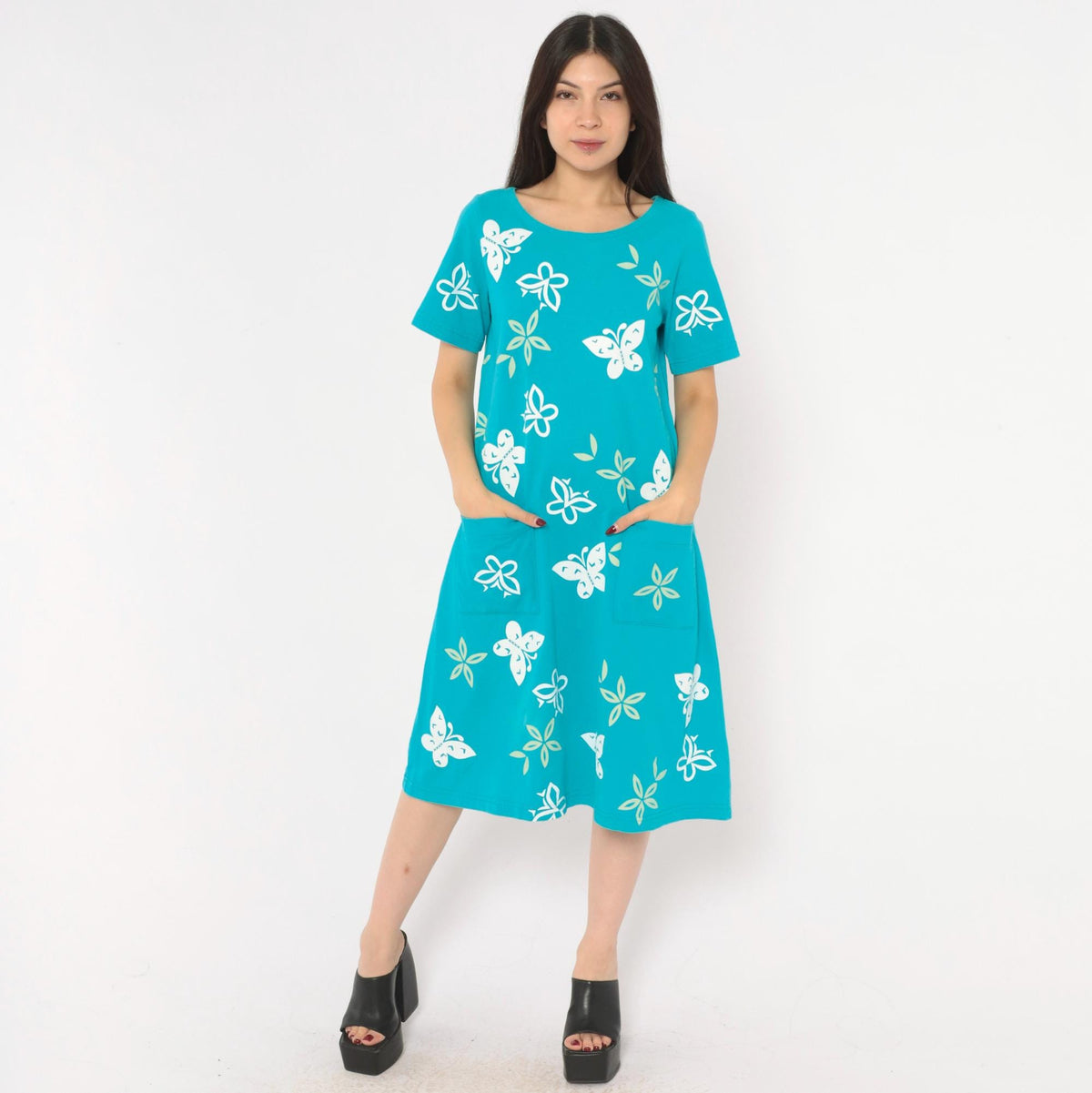 90s M. Mac Butterfly Shift Dress Teal Cotton Knee-Length Pockets Small S