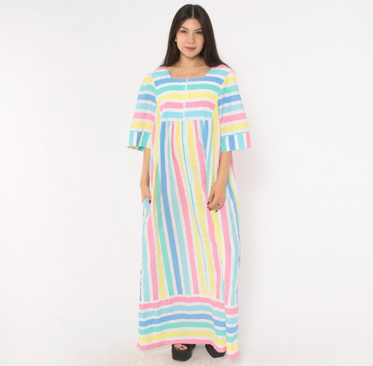 80s Saybury Pastel Striped Maxi Dress Square Neck Empire Waist Extra Large