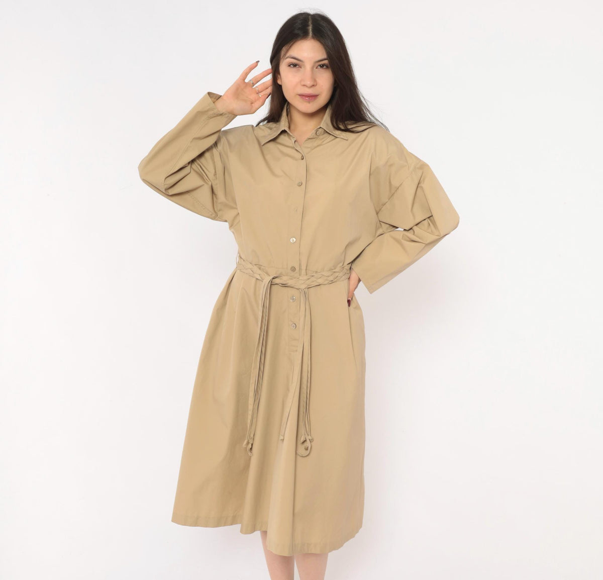 80s Tan Shirt Dress Braided Belt Pointed Collar A-Line Knee Length Large