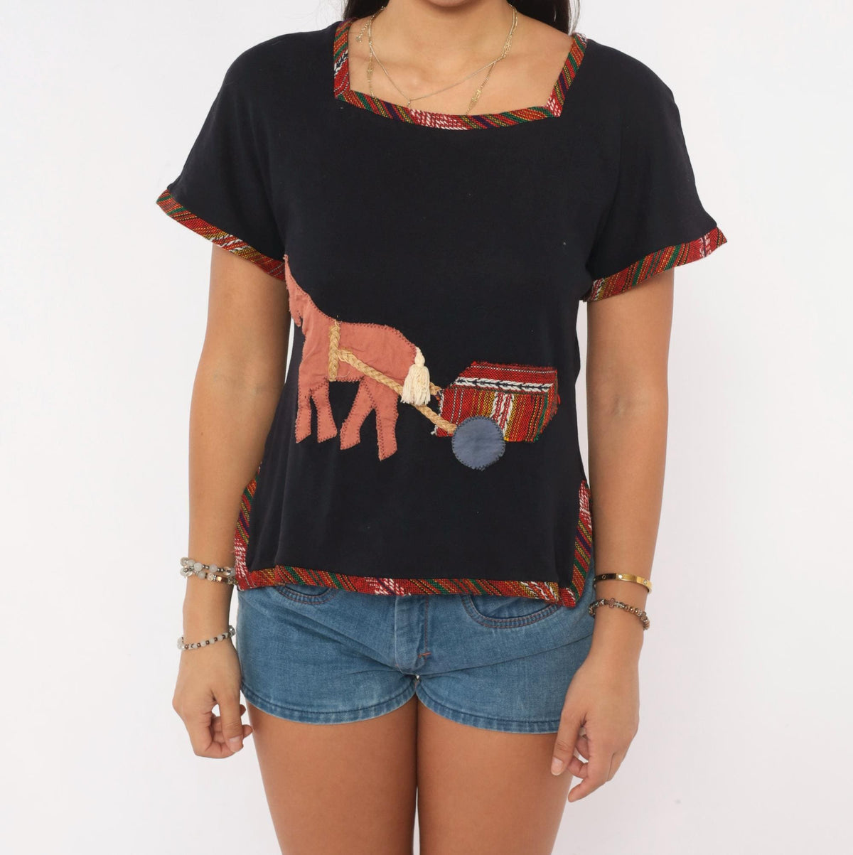 Y2K Black Cotton Horse Appliqué Top Square Neck Woven Trim Medium M