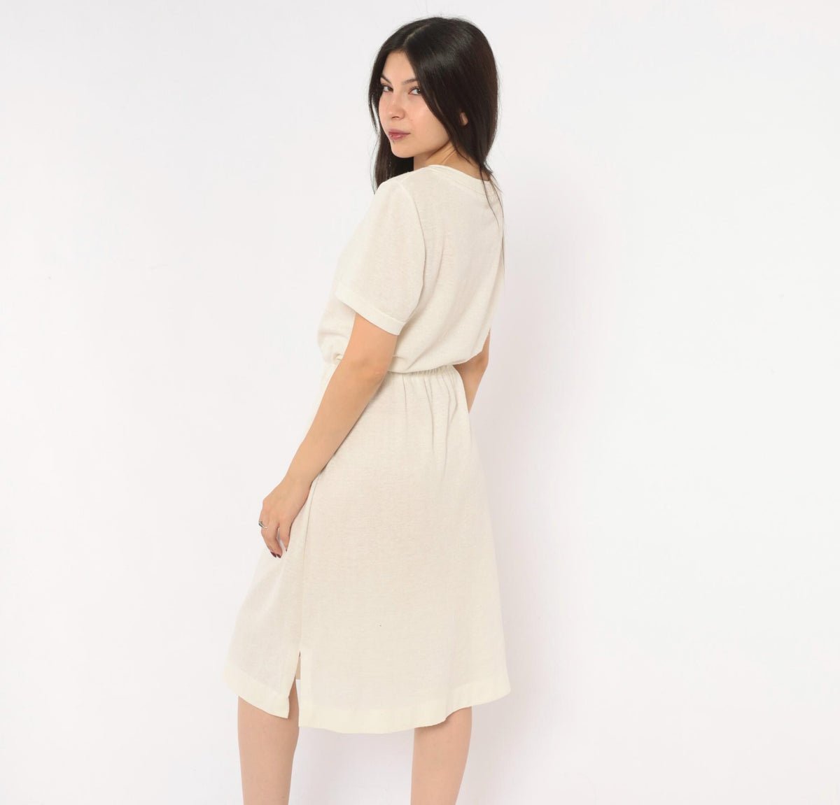 70s Cream Henley Dress Button Front A-Line Knee Length Short Sleeve Small Medium