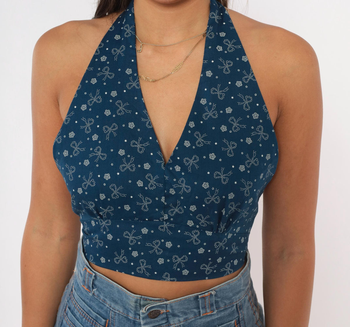70s Navy Halter Crop Top White Bow Floral Star Print Deep V Backless Small