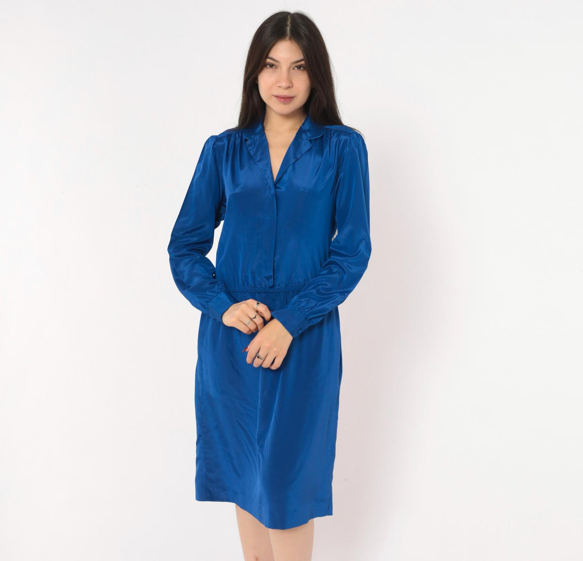 80s Cobalt Blue Satin Shirt Dress V Neck Gathered Waist Knee Length Medium M