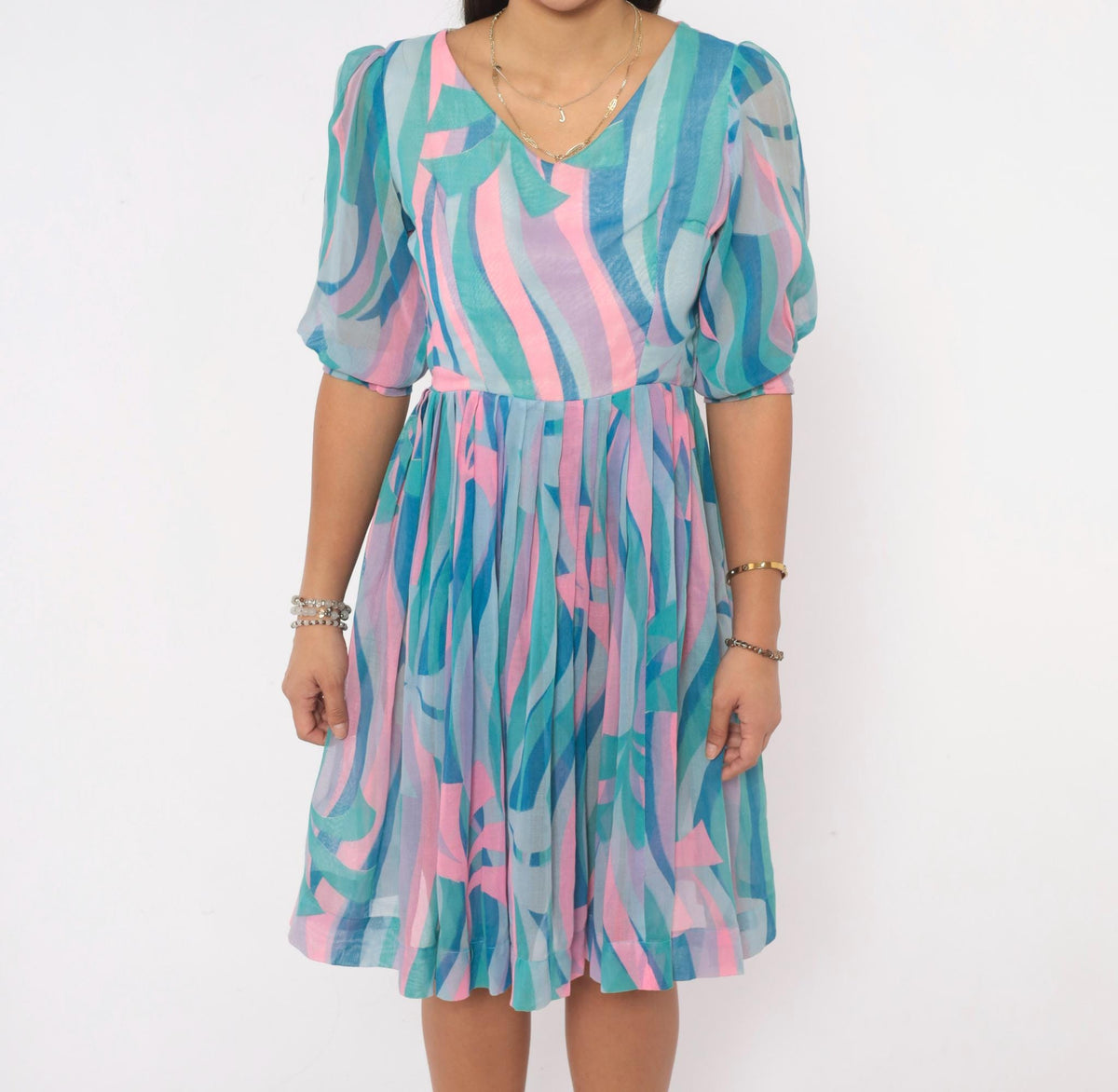 60s Mod Abstract Swirl Print Dress Teal Pink Puff Sleeve V Neck Small