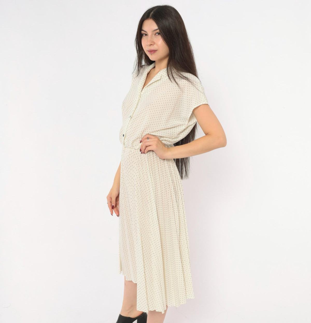70s Promises Promises Polka Dot Dress Cream Navy Cap Sleeve Knee Length Small