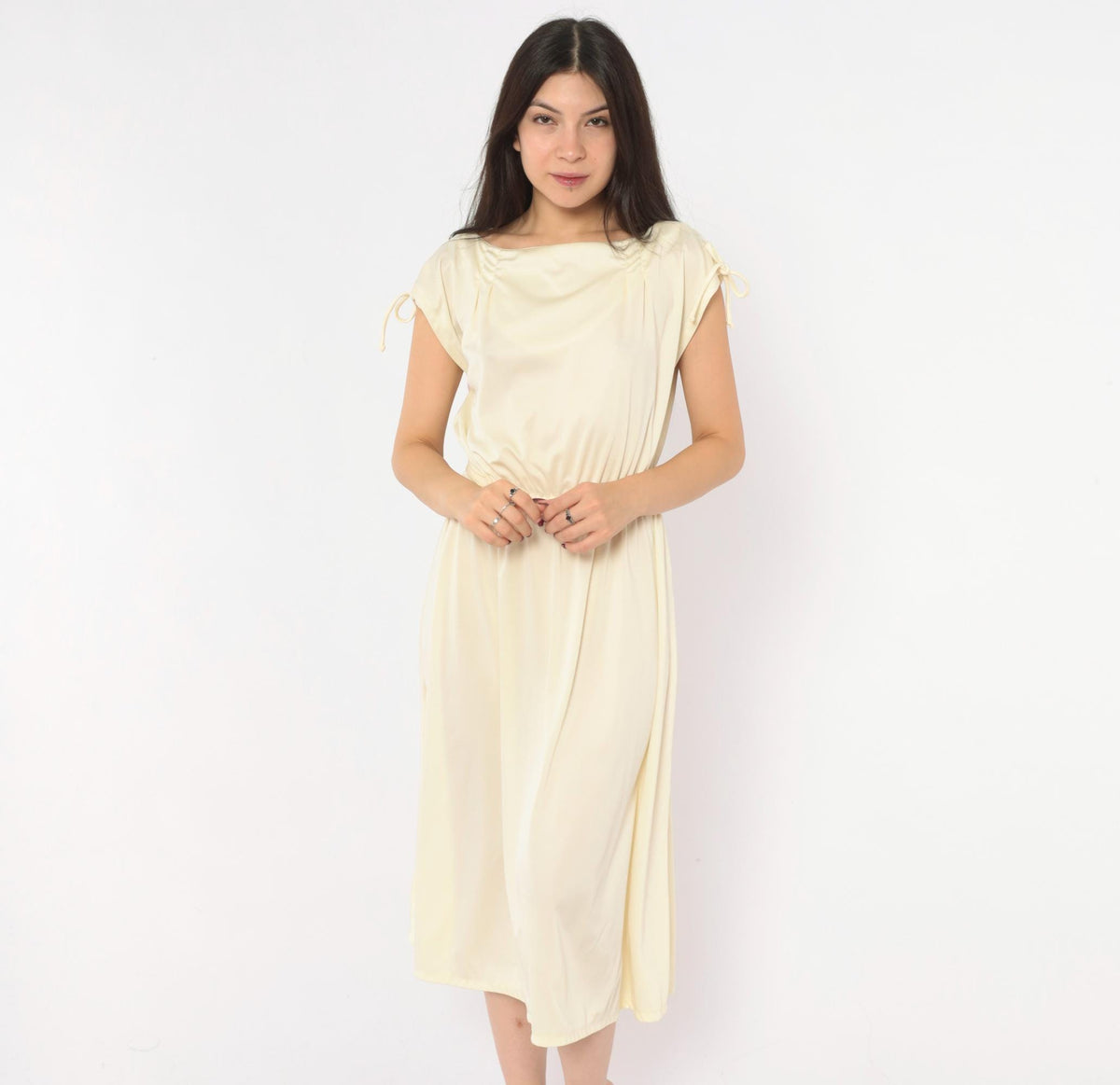 70s Cream Cap Sleeve Dress Ivory A-Line Midi Bow Detail Scoop Neck Small