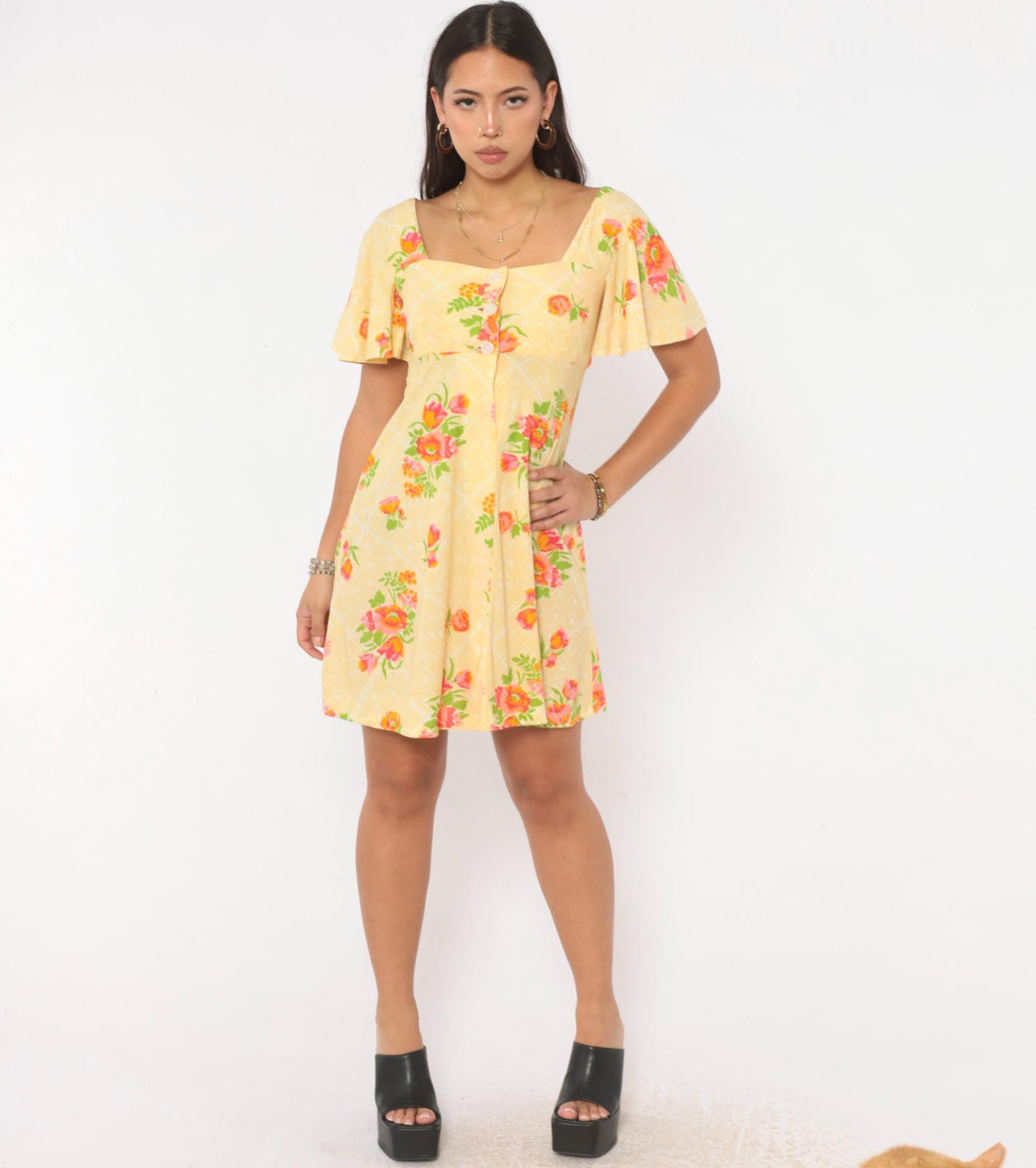 70s Floral Mini Dress Yellow Pink Flutter Sleeve Empire Waist Extra Small XS