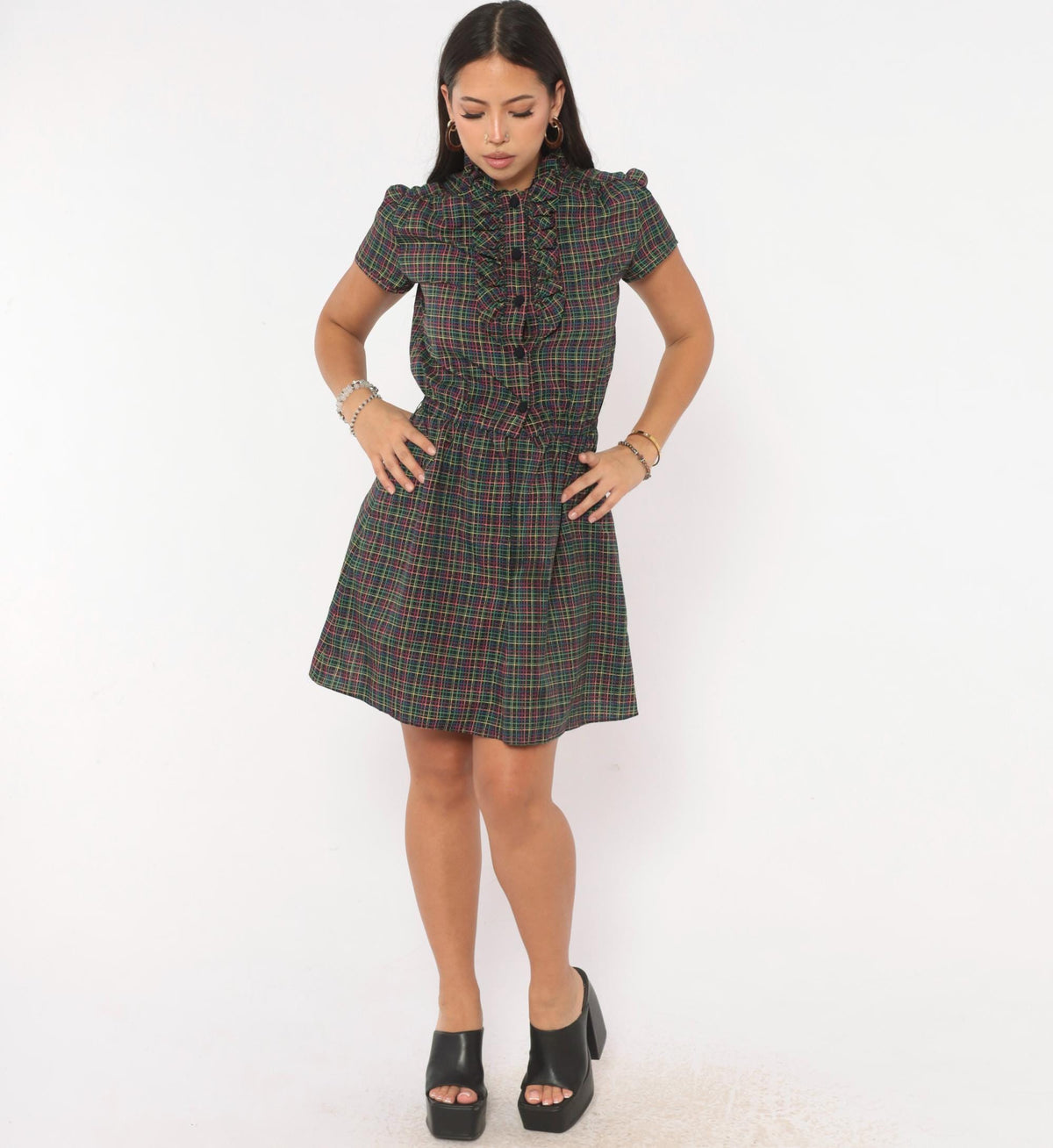 70s Plaid Dress Black Pink Green Yellow Check Ruffle Mock Neck Puff Sleeve Small