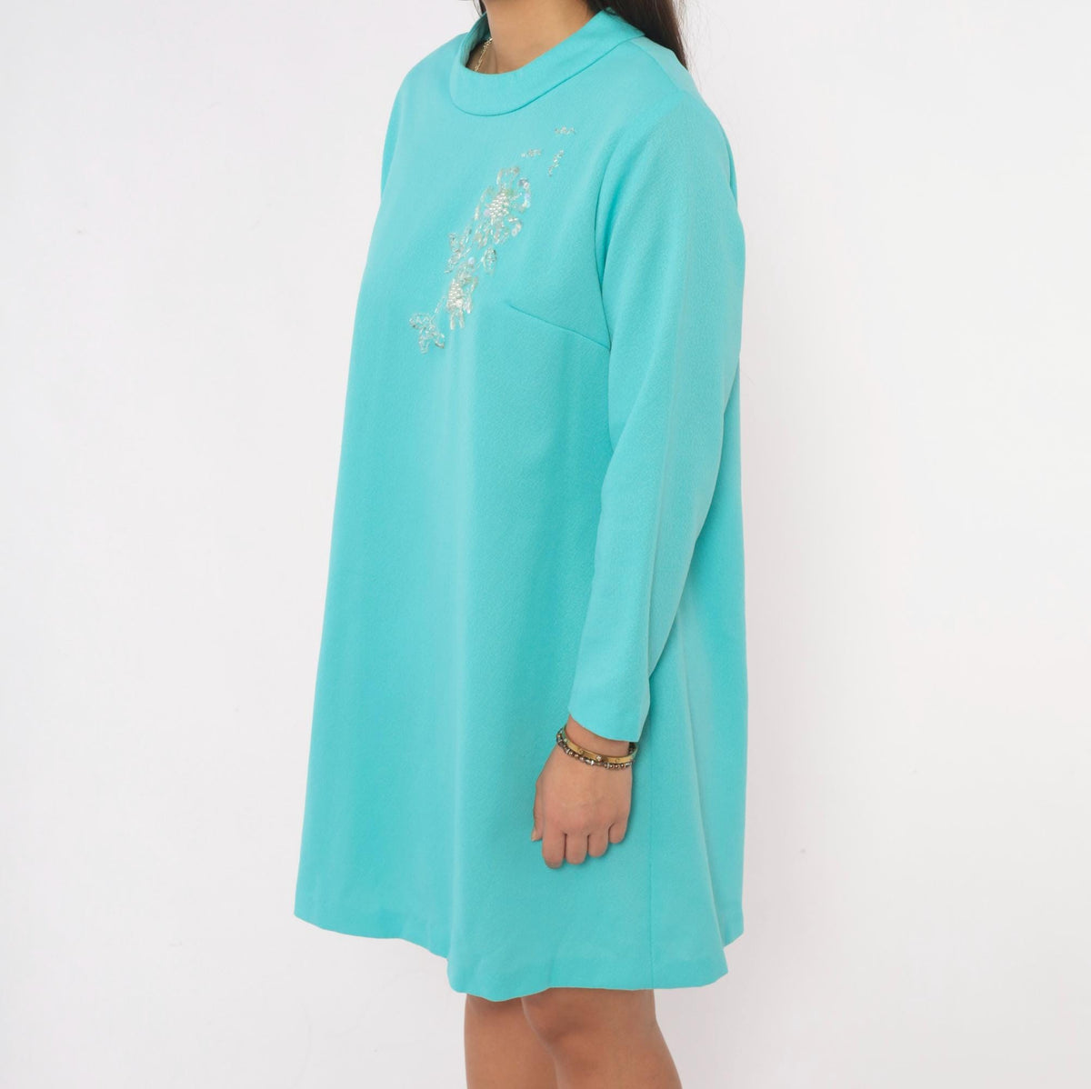 70s Teal Shift Dress Beaded Sequin Floral Mock Neck Long Sleeve A-Line Plus Size Extra Large