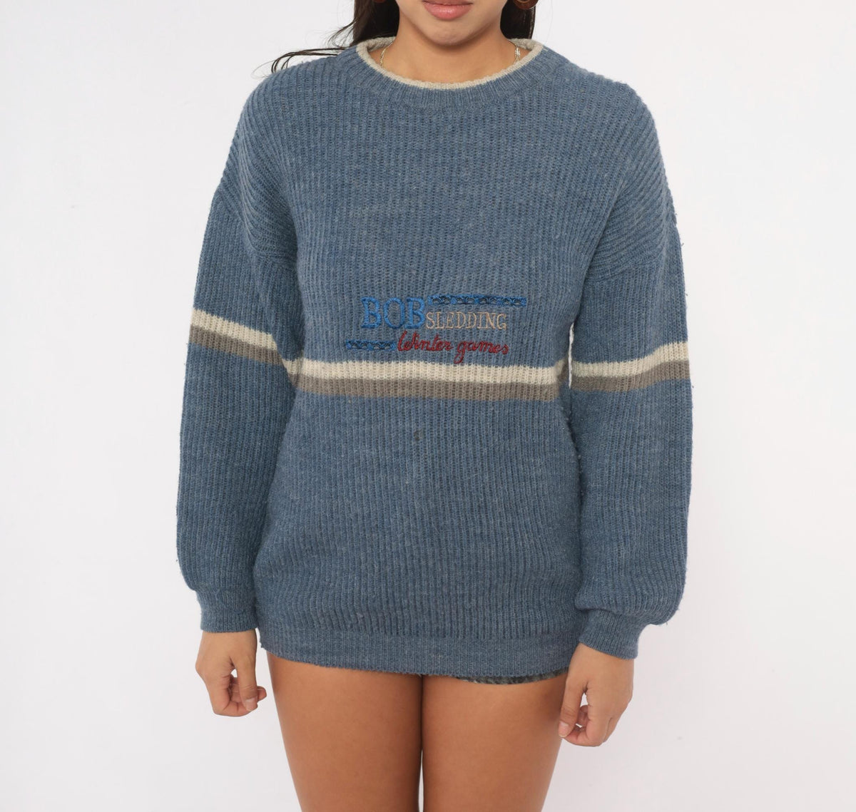 80s Bobsledding Winter Games Wool Knit Pullover Blue Cream Stripe Medium