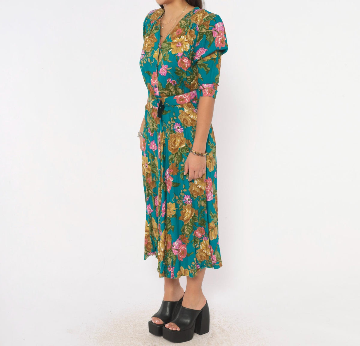 90s Carol Anderson Teal Floral Midi Dress Puff Sleeve Button Front Small S
