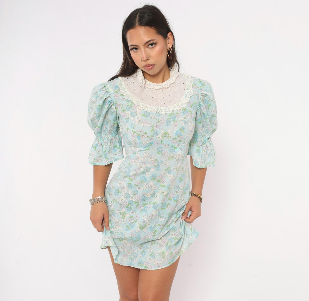 70s Light Blue Butterfly Print Cotton Dress Puff Sleeve Eyelet Lace Yoke Small