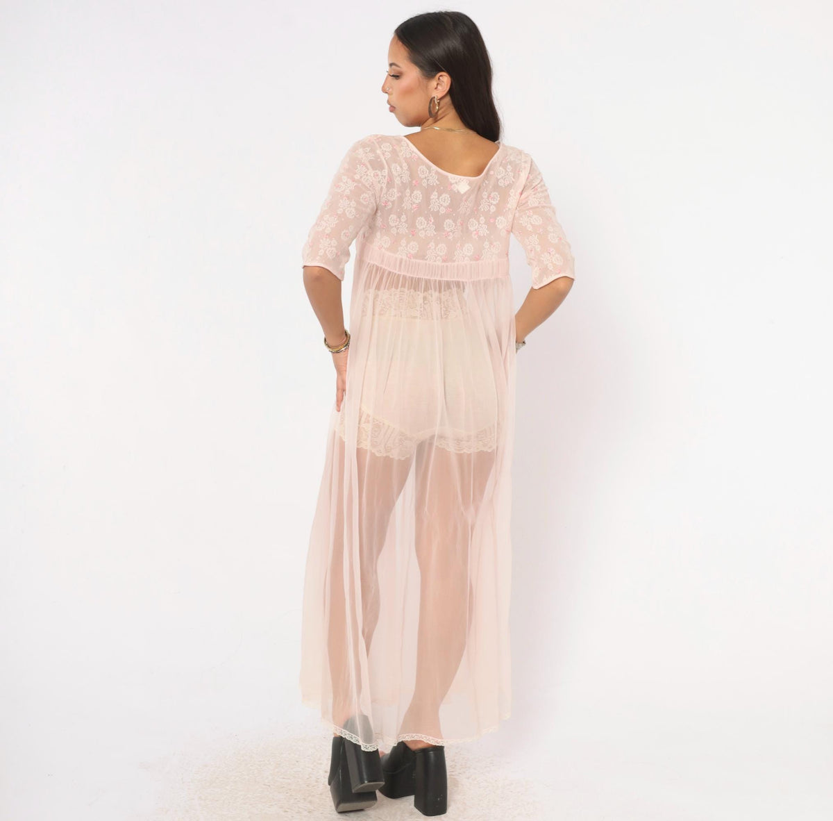 70s Miss Elaine Pink Sheer Peignoir Maxi Robe Lace Embroidered Extra Small