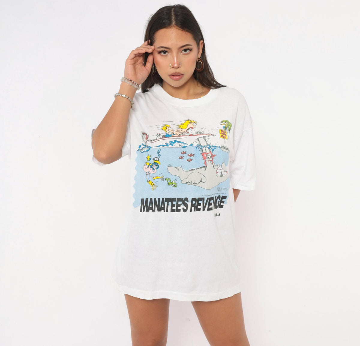 90s Manatee's Revenge Florida Graphic Tee White Cotton Cartoon Large L