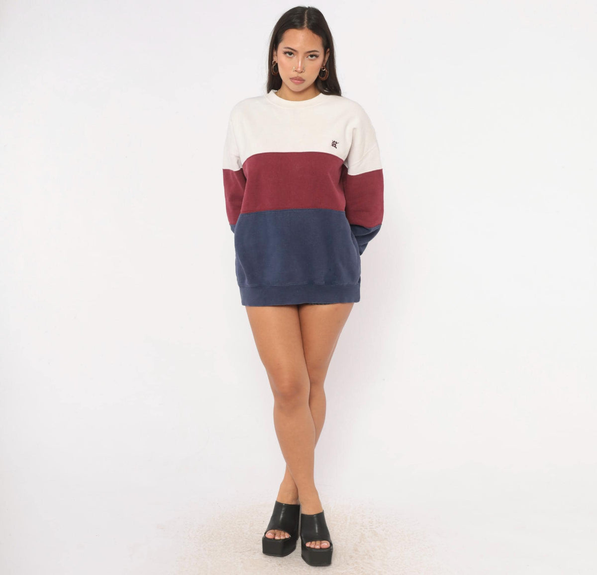 90s Hunt Club Color Block Sweatshirt Cream Burgundy Navy Crewneck Large L