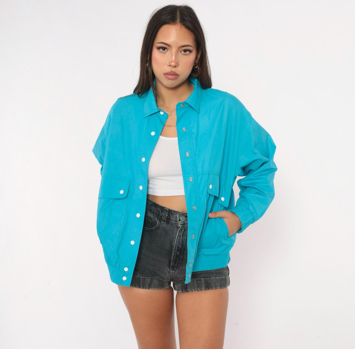 80s Koret Petites Teal Bomber Jacket Snap Front Pointed Collar Small S