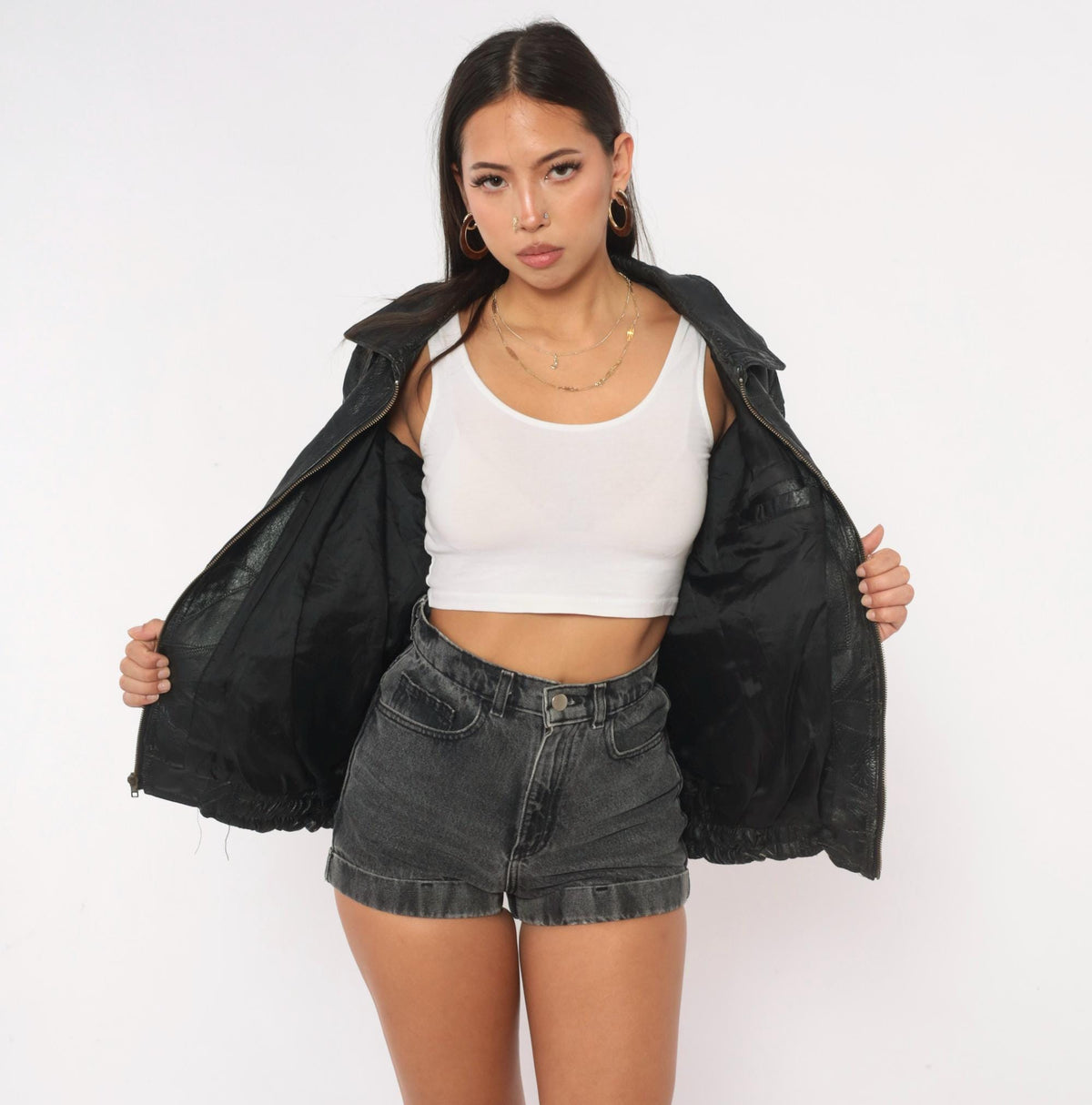 90s Italian Stone Design Black Leather Patchwork Bomber Jacket Small S