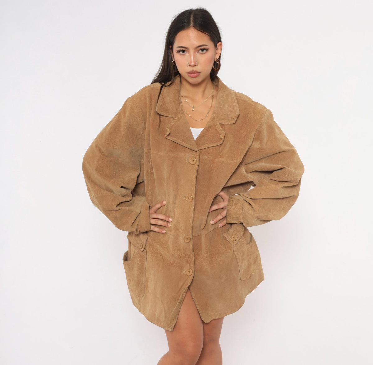 00s Concepts Tan Suede Jacket Belted Button Front Notched Collar Plus Size 3X