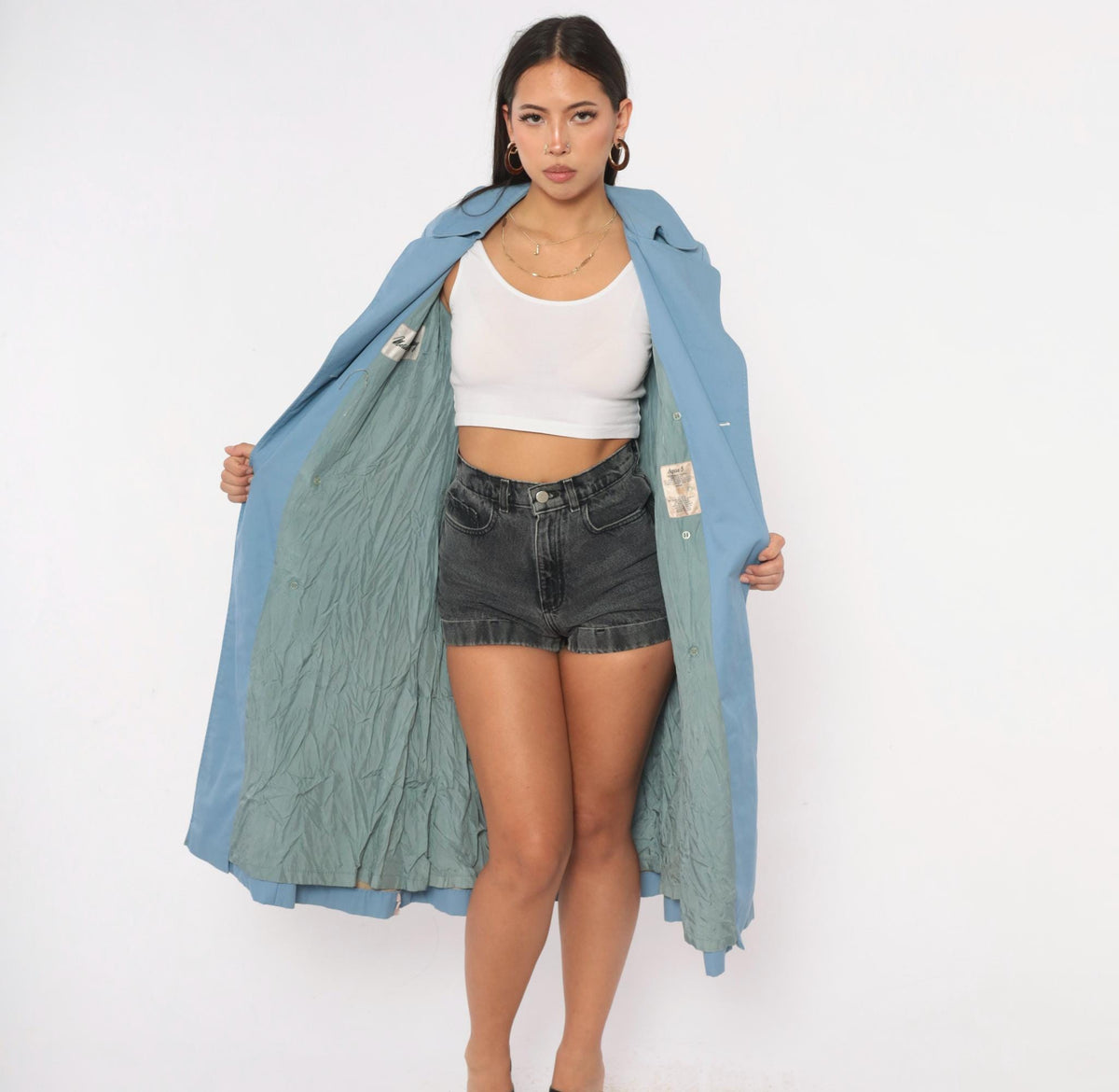 70s Aquascutum Light Blue Trench Coat Double Breasted Cotton Small