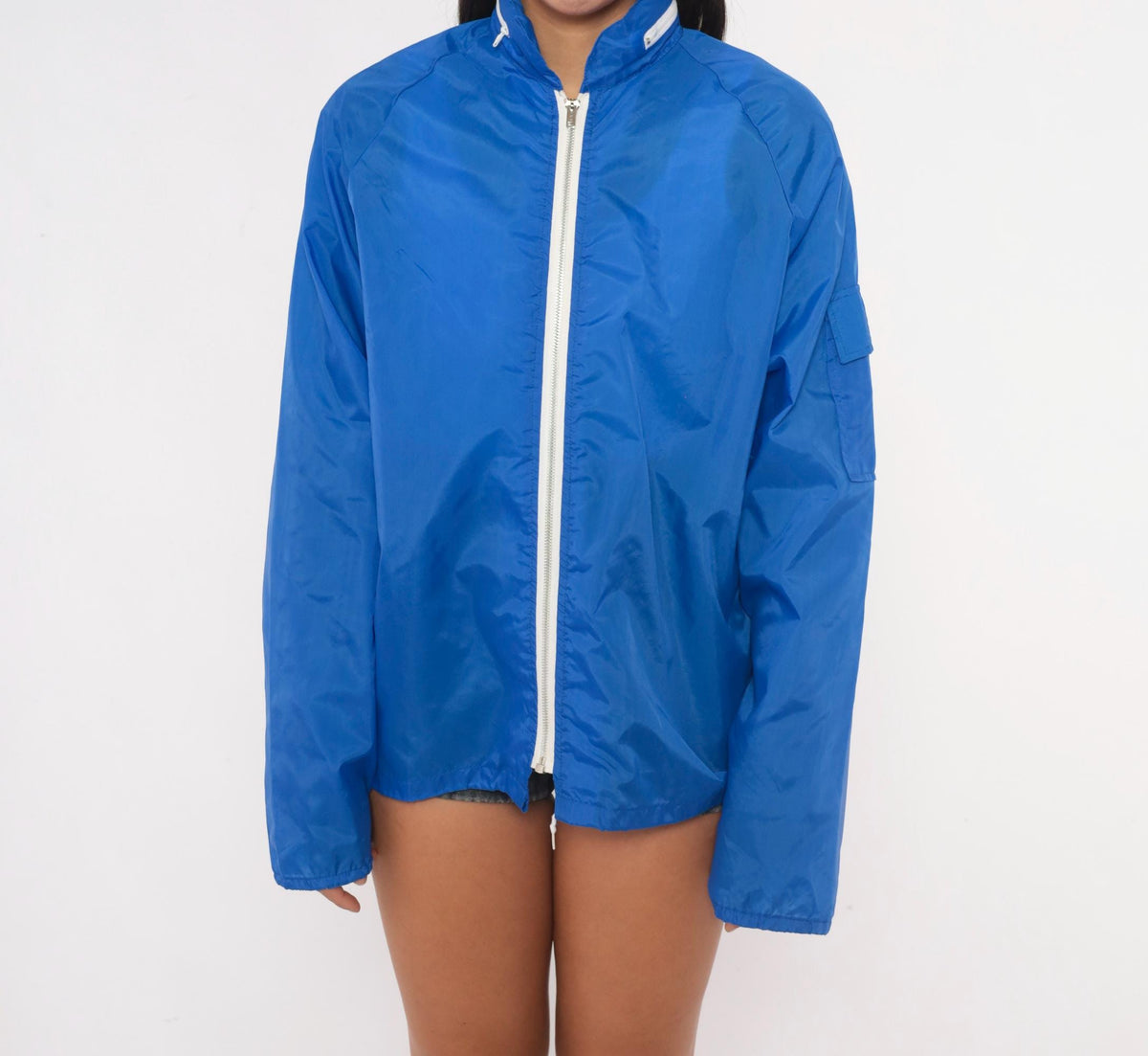 70s Cobalt Nylon Windbreaker Jacket Hooded Raglan Zip Front Royal Blue Medium