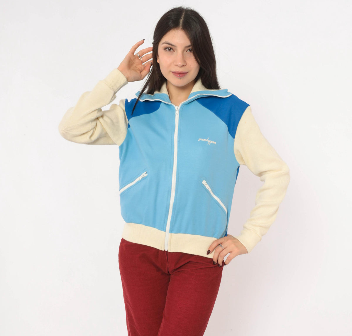 80s Grasshoppers Color Block Track Jacket Light Blue Cream Knit Small