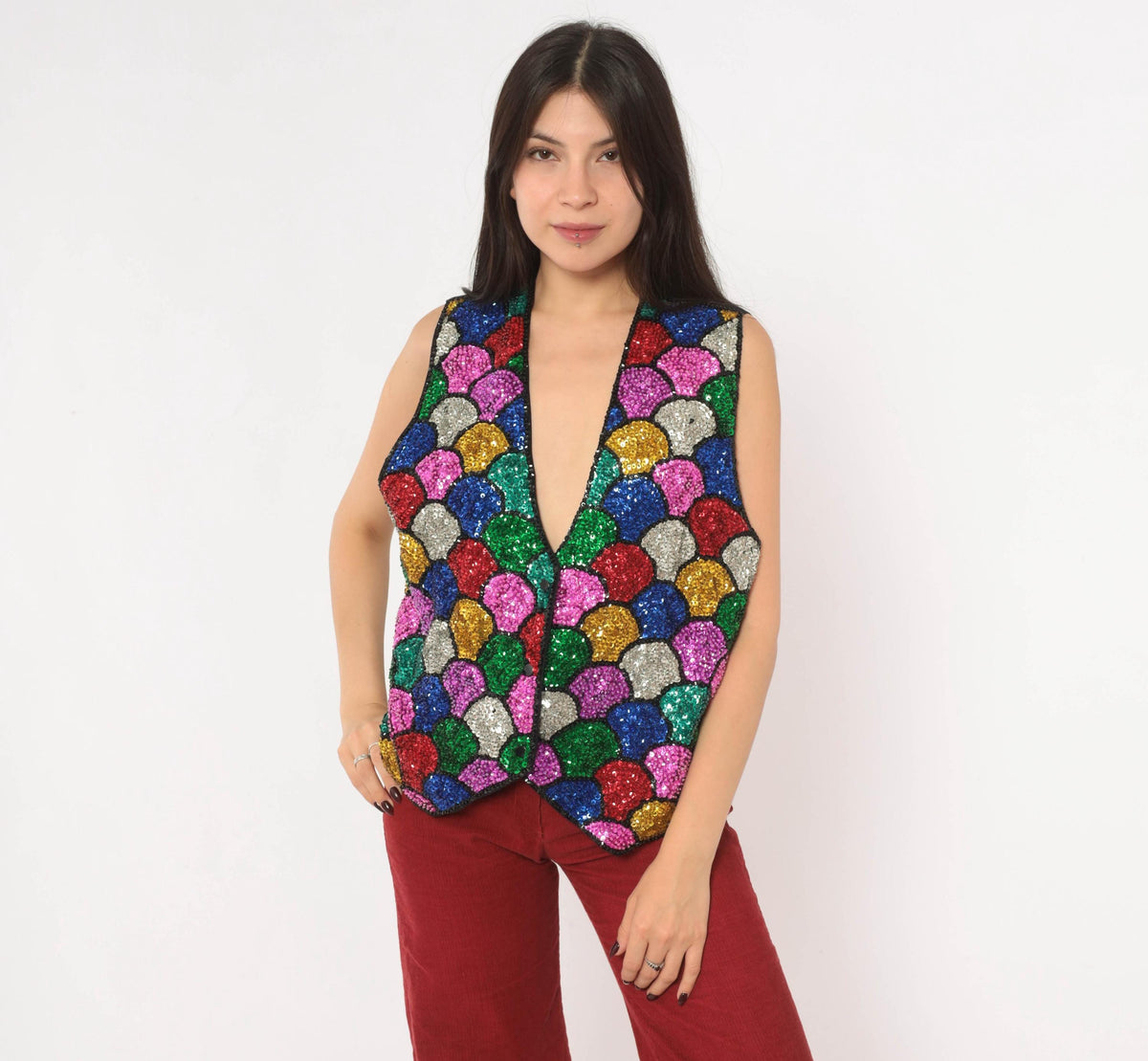 90s Ana Mori Rainbow Sequin Vest Multicolor Mosaic Scale V-Neck Large L
