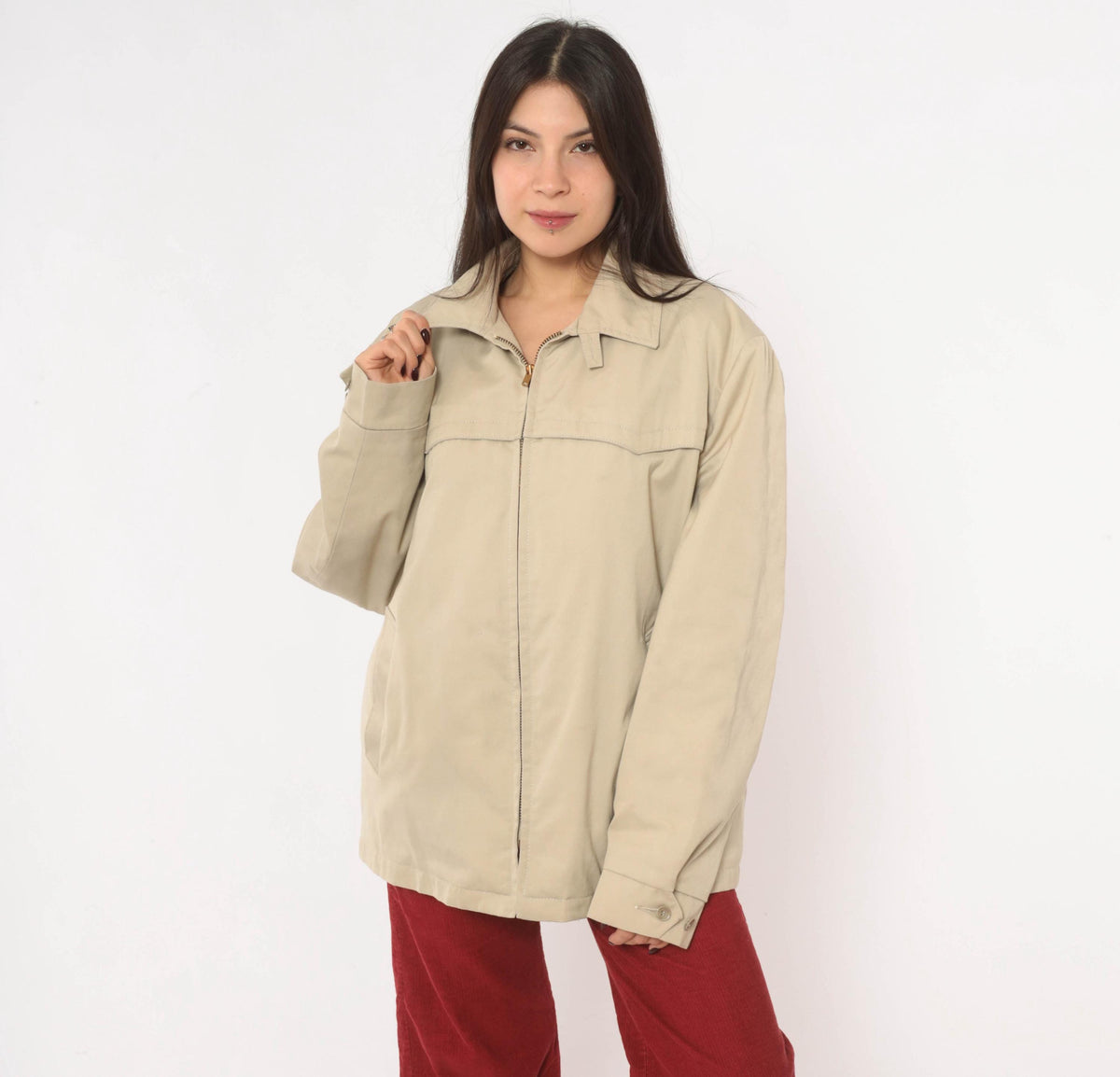 80s Sears Beige Harrington Jacket Western Yoke Pointed Collar Unisex Large
