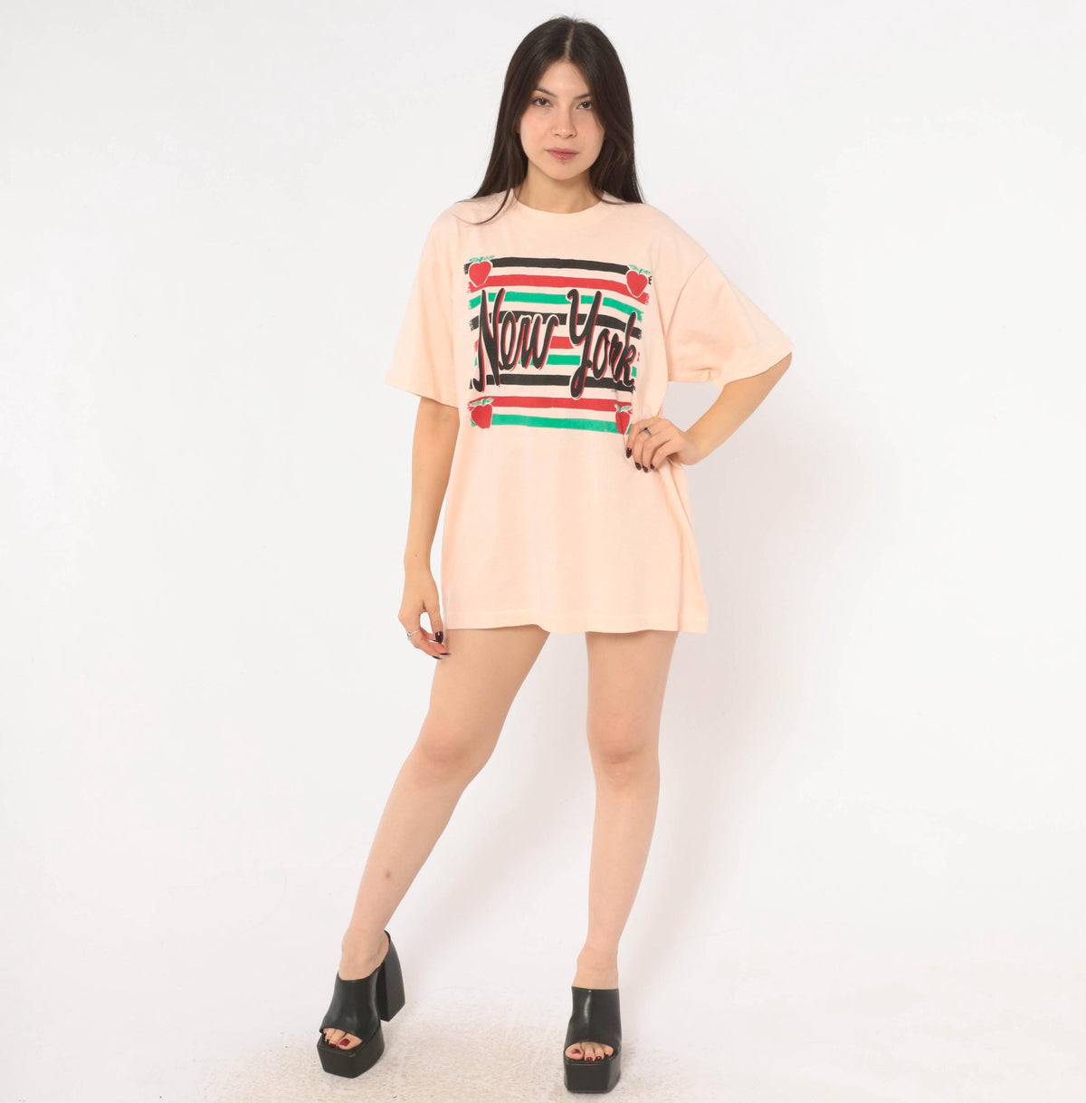 90s New York Souvenir Tee Pink Graphic Apple Stripe Crewneck Extra Large XL