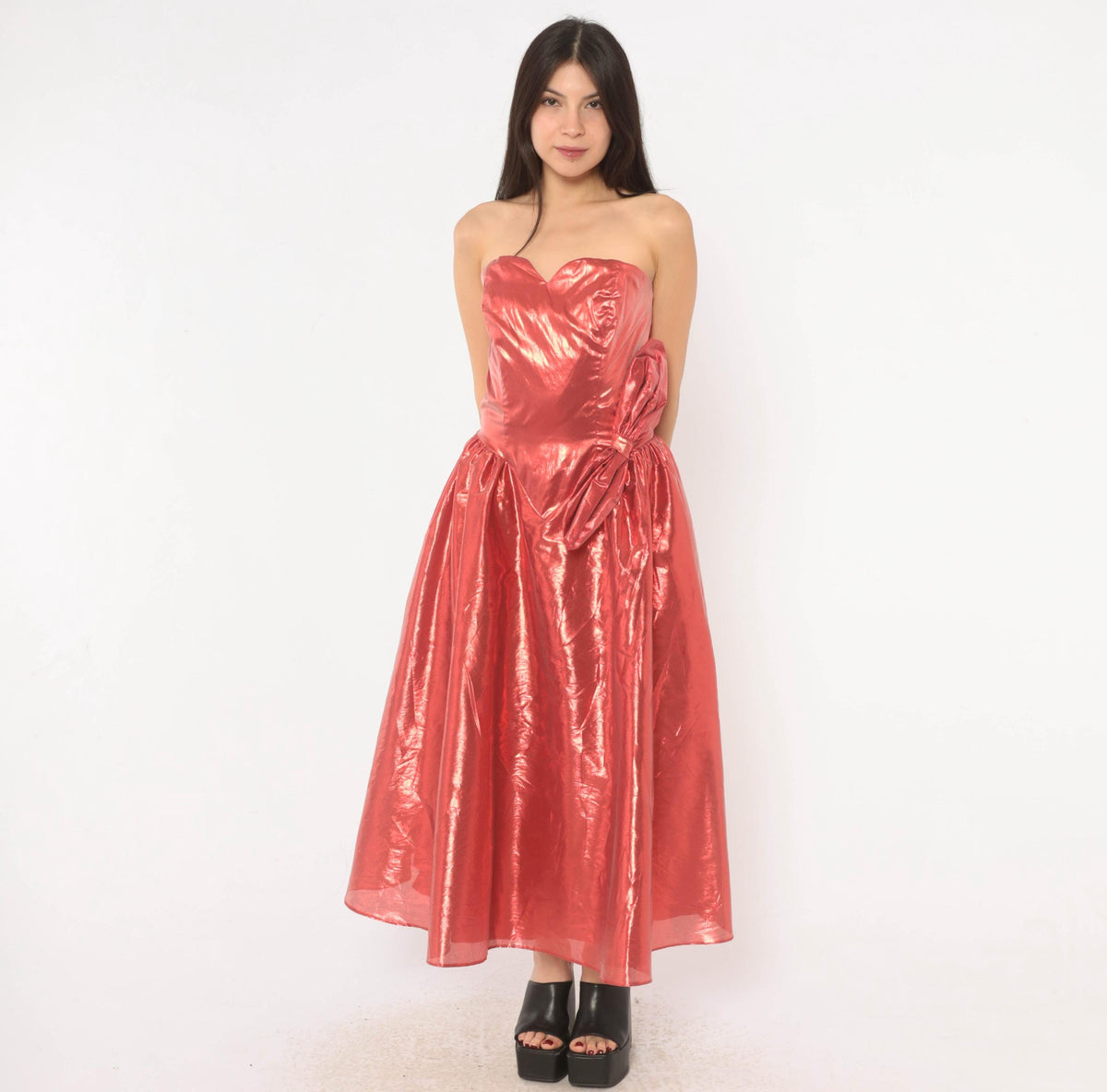 80s Nadine Formals Metallic Red Strapless Party Dress Sweetheart Neckline Medium M