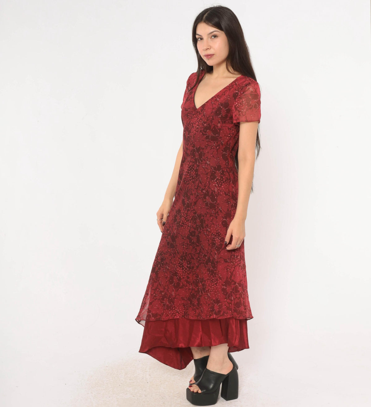 90s Burgundy Floral Midi Dress Positive Attitude Flutter Sleeve Wine Red Medium M