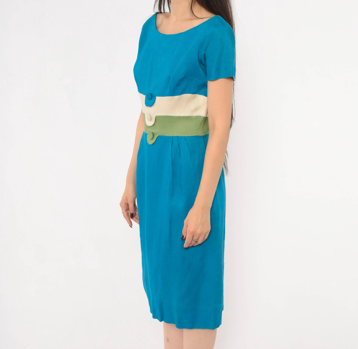 60s Teal Linen Sheath Dress Color Block Cream Olive Boat Neck Small