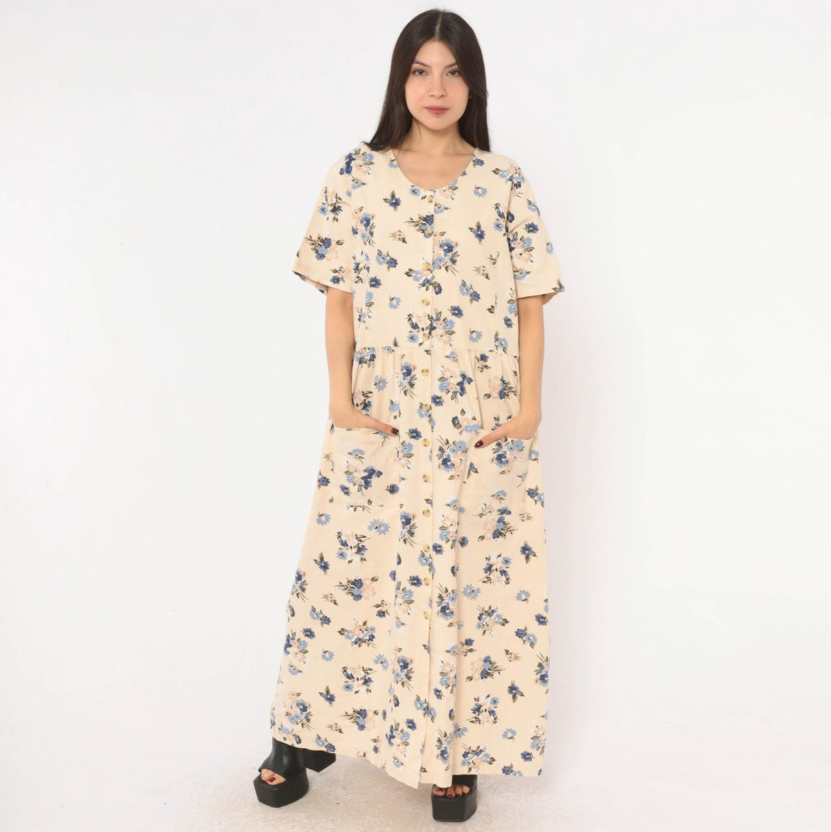 90s Studio C Floral Linen Maxi Dress Cream Navy Plus Size XXL