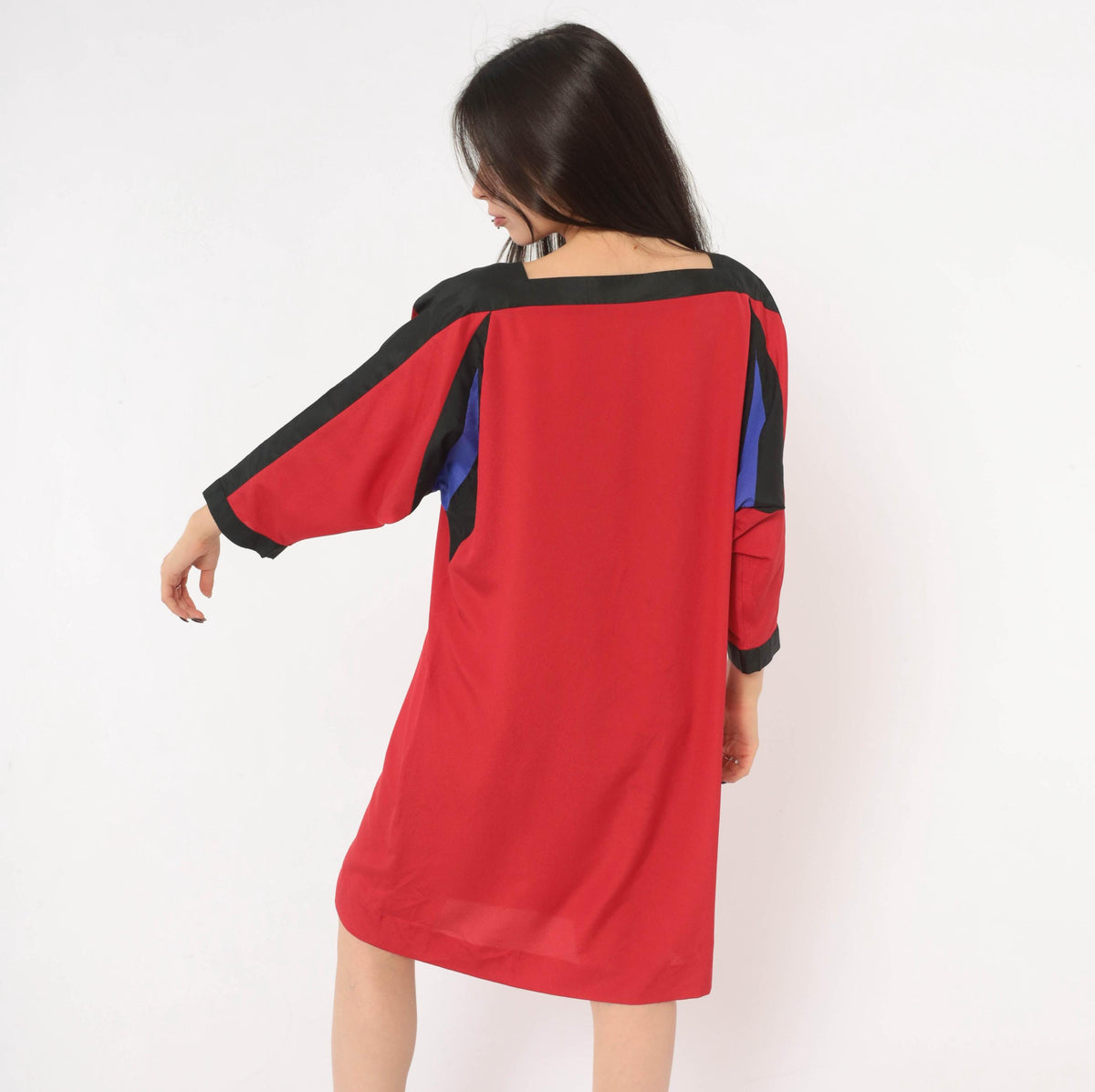 80s Red Color Block Shift Dress Batwing Dolman Sleeve Boat Neck Medium