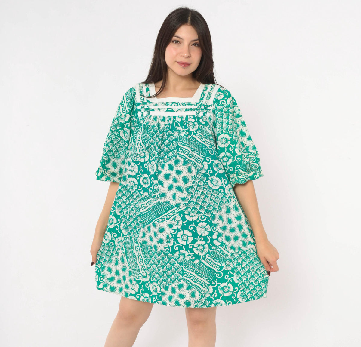 90s Expressions Teal Batik Floral Cotton Dress Square Neck Puff Sleeve Medium M