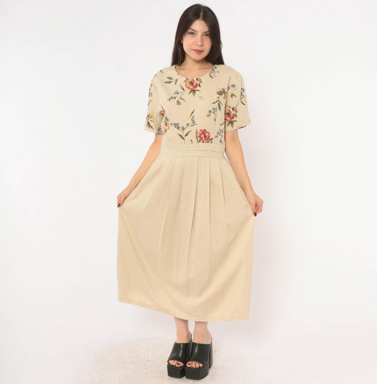 90s Just in Thyme Floral Midi Dress Cream Rose Print A-Line Large L