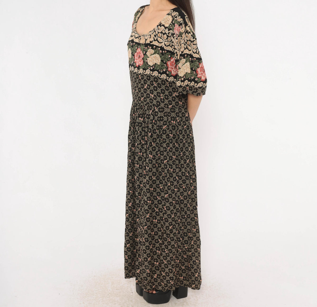 90s Fashion Bug Black Floral Maxi Dress Rose Border Pink Cream Plus Size 3X