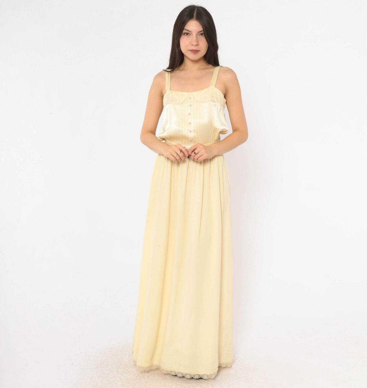 70s Gunne Sax Maxi Dress Cream Satin Lace Pearl Button Spaghetti Strap Medium M