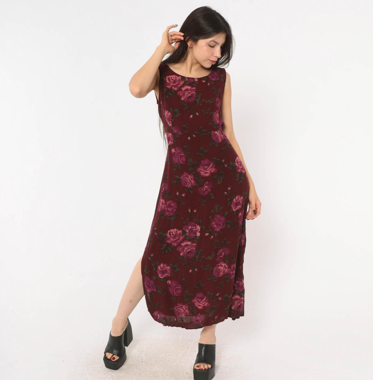 90s Chadwick's Burgundy Floral Midi Dress Sleeveless Tie Back Medium M
