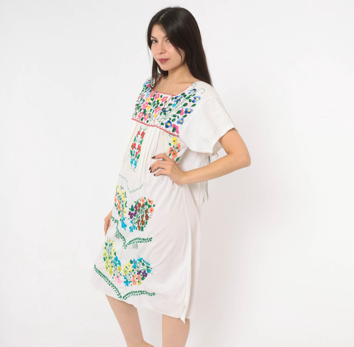 90s Mexican Embroidered Cotton Dress White Floral Puff Sleeve Square Neck Small