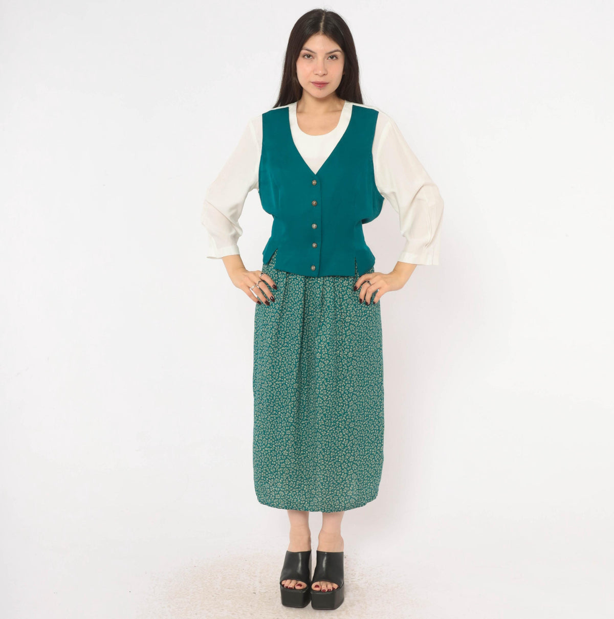 90s Olivia Rose Ditsy Floral Midi Dress Teal Green Vest Bodice Large L