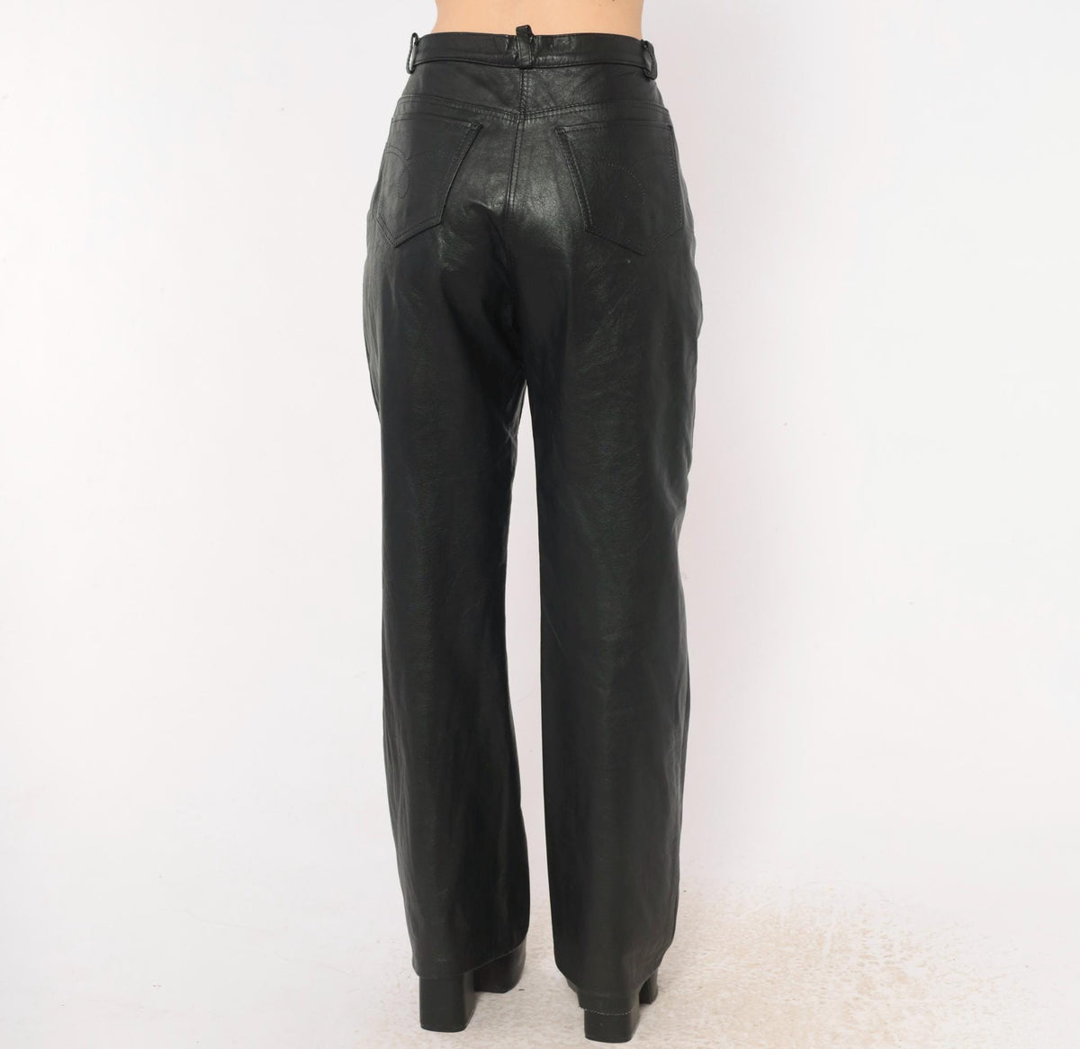 90s Black Leather Pants High Waist Straight Leg Moto Trousers Medium M