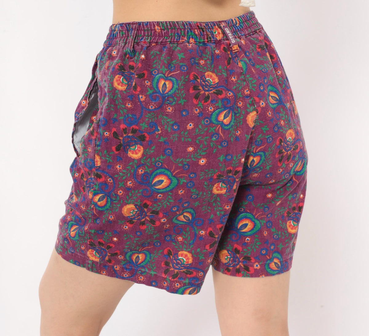 90s Gitano Purple Floral Linen Shorts High Waist Pleated Wide Leg Small
