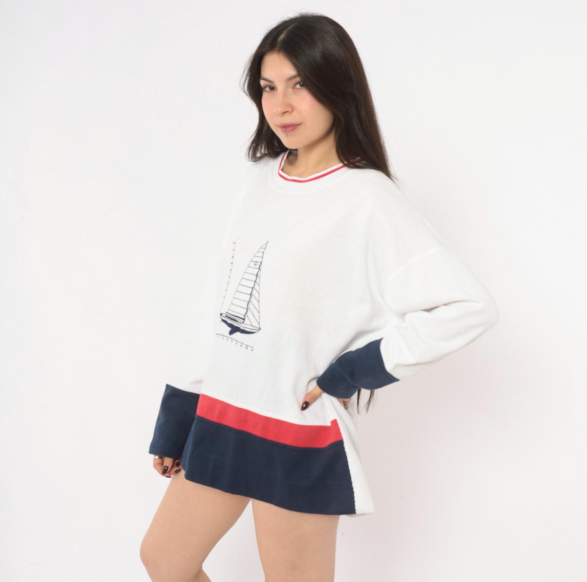 90s Kini Sailboat Embroidered Crewneck Sweatshirt White Navy Cotton Extra Large XXL