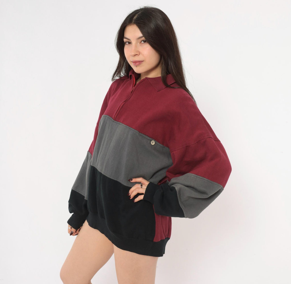 90s Colorblock Quarter Zip Sweatshirt Burgundy Grey Black Extra Large