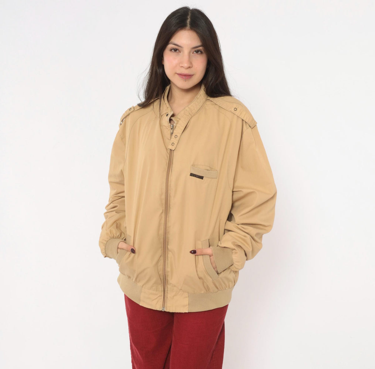 80s Members Only Bomber Jacket Beige Tan Snap Collar Raglan Extra Large