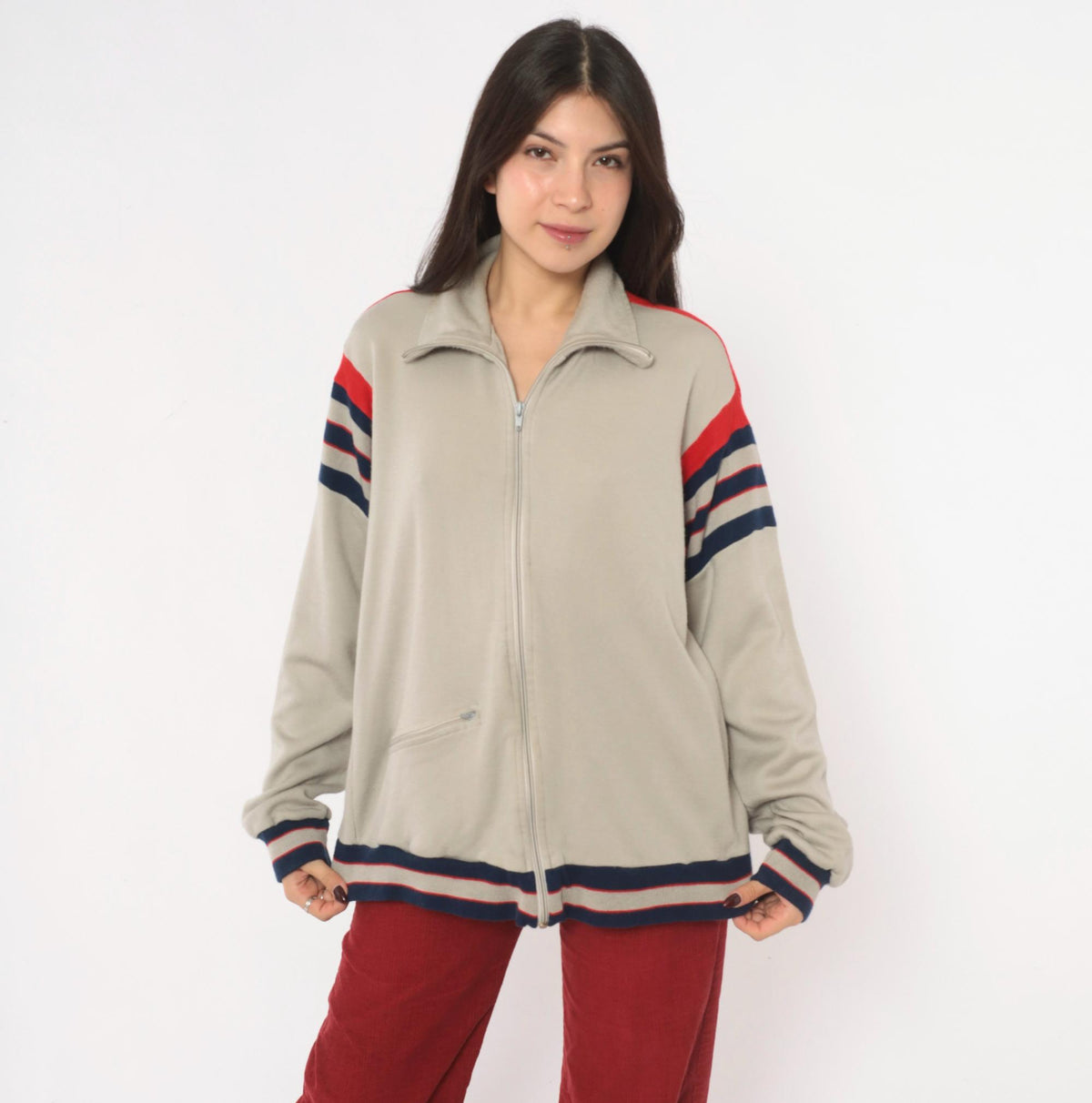 80s Track & Court Zip Jacket Grey Navy Red Stripe Bomber Medium
