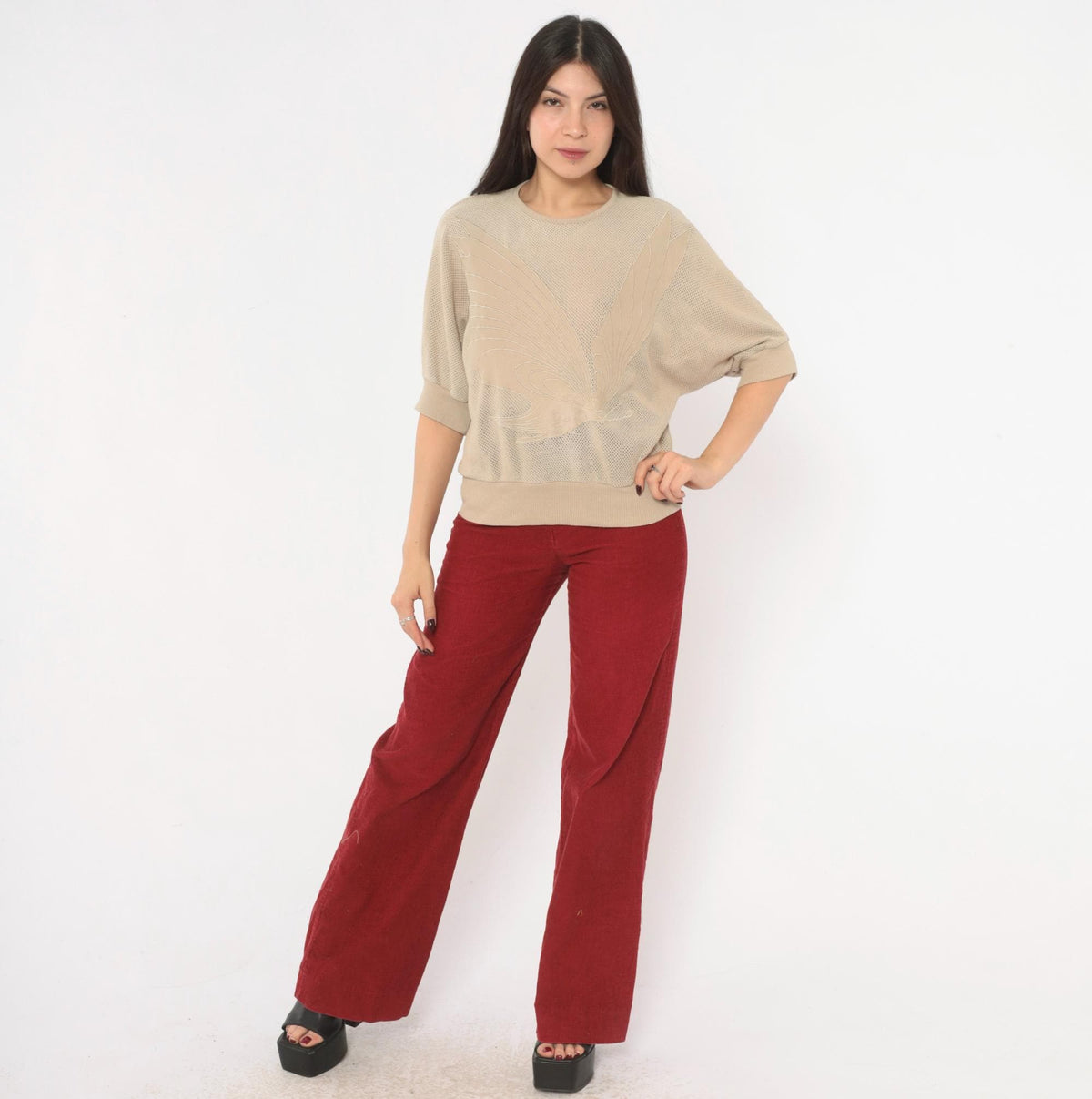 80s Stephanie Beige Mesh Knit Top Dolman Batwing Butterfly Appliqué Medium