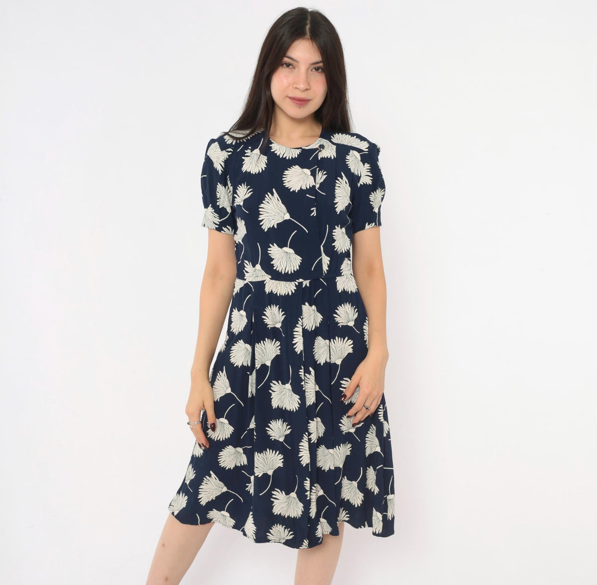 90s Liz Claiborne Navy Floral Dress White Daisy Print Puff Sleeve Small S